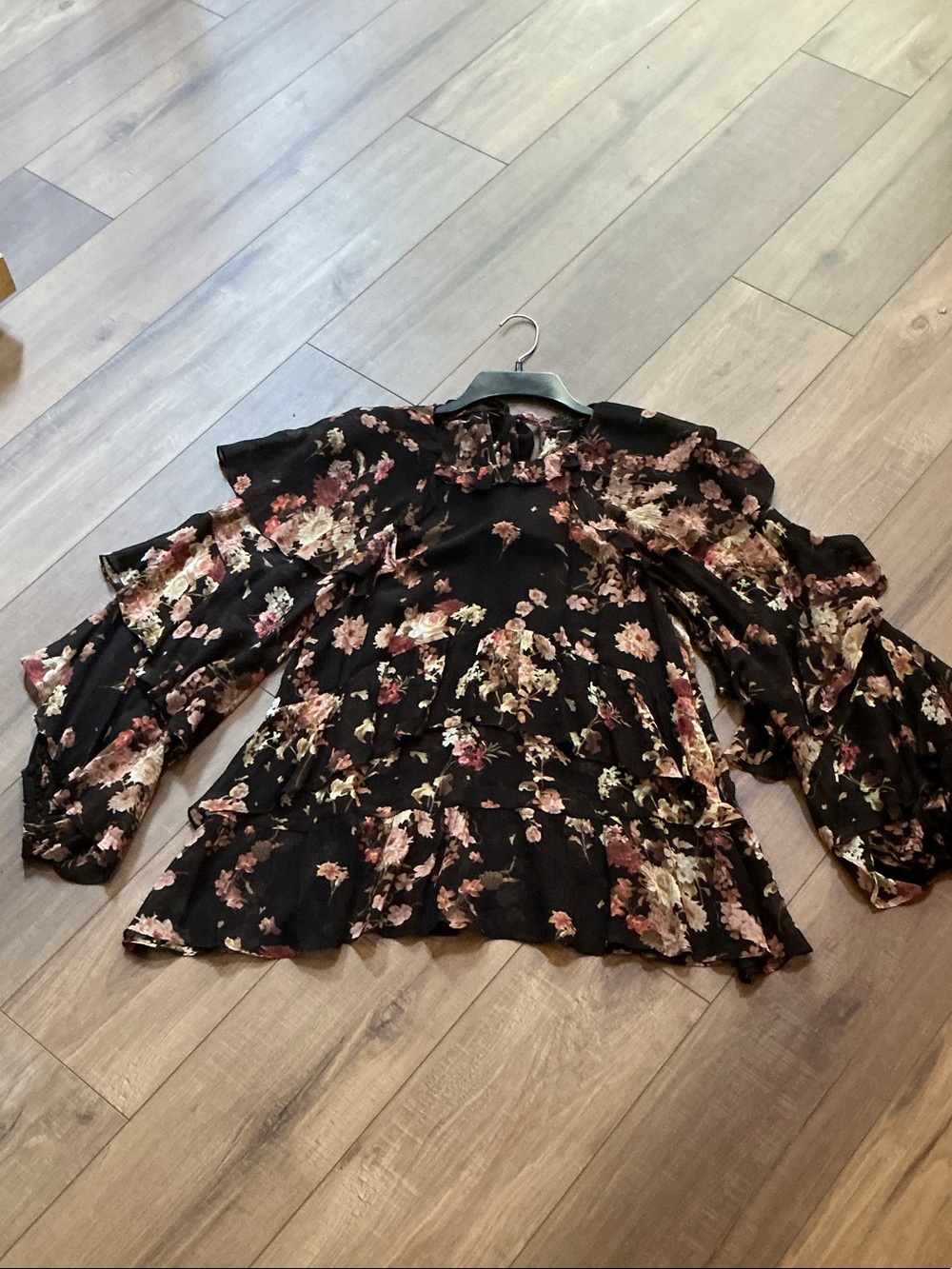 AllSaints Black Floral Ruffle-Tier Blouse